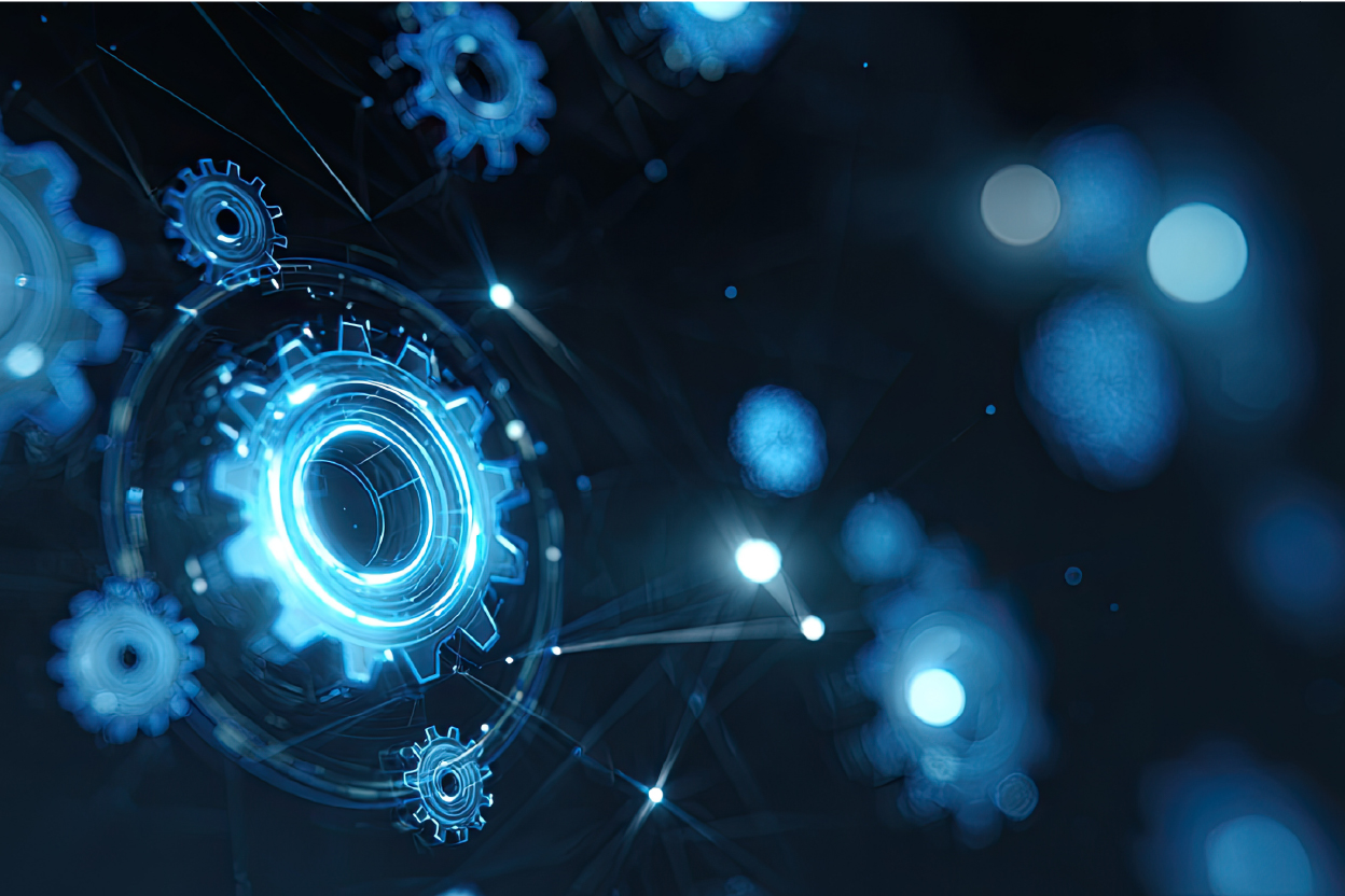 glowing blue gears interconnected on a dark background with connecting lines
